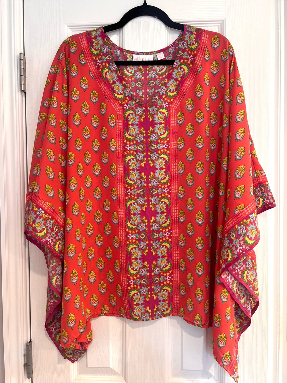 Kim Gravel Coral Poncho Floral Paisley Mixed Print Poncho Blouse Top Coral XL